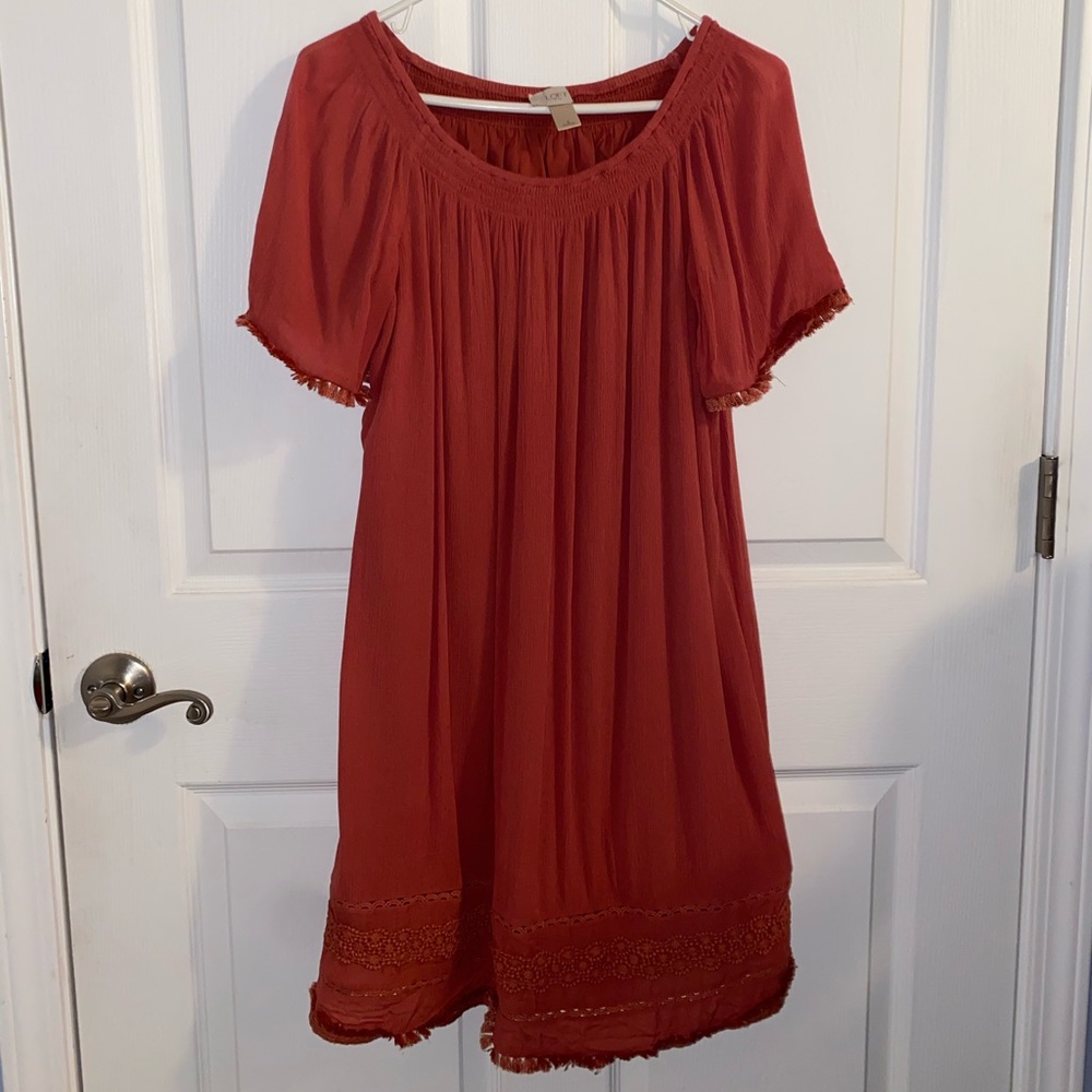 Loft Smock Neck Peasant Off Shoulder Crepe Maxi Dress with Tassel Hem sz Small